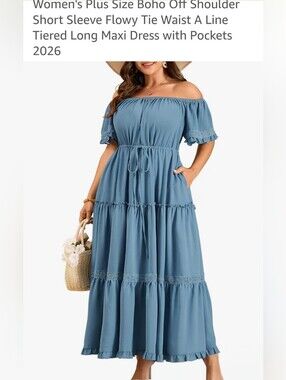 CICIDUDU NWT 3XL Plus Blue Off Shoulder Tiered Maxi Dress Boho Cottagecore